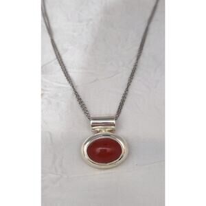 Mexico ATI Sterling Silver Oval Carnelian Pendant 925 Sterling Silver Chain 18"